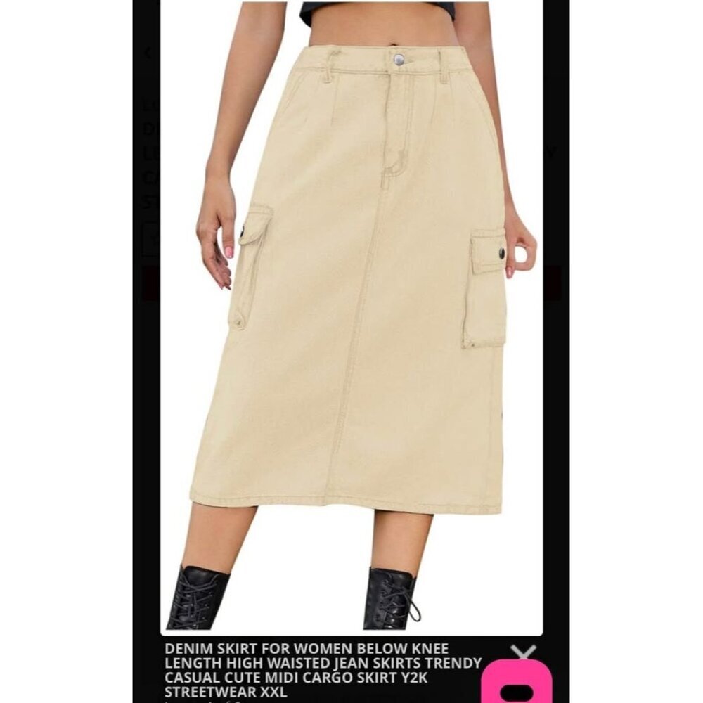 New Beige High Waisted Denim Midi Cargo Skirt XXL Y2K